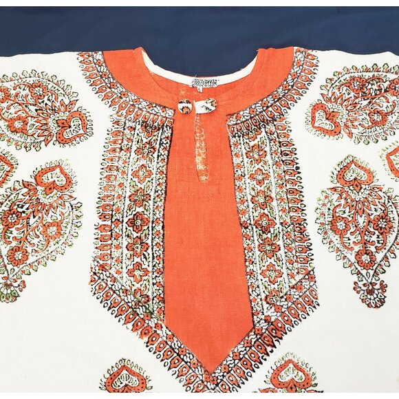 Vintage Dashiki 1970s Orange Natural Cotton Bell Sleeves Top Tunic Shirt Blouse - Picture 9 of 10